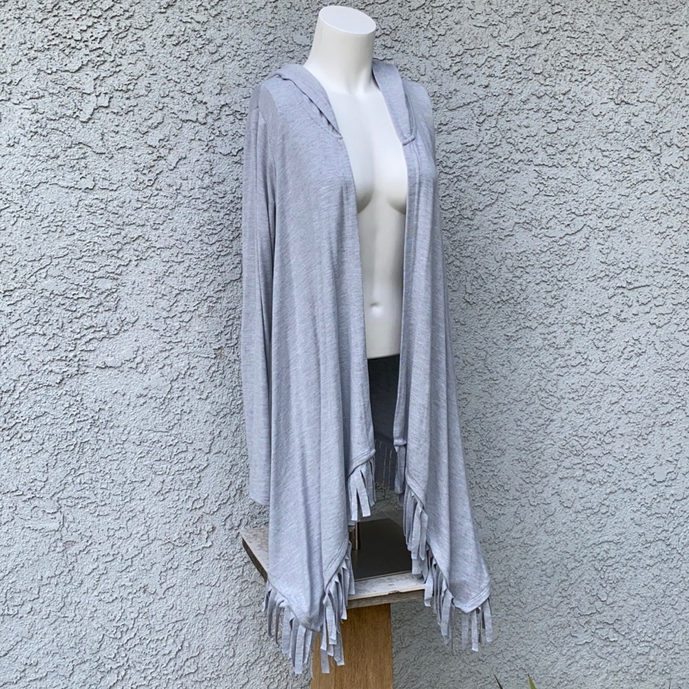 Pink Lotus Gray Fringe Cardigan Sweater asymmetrical long sleeve with hood